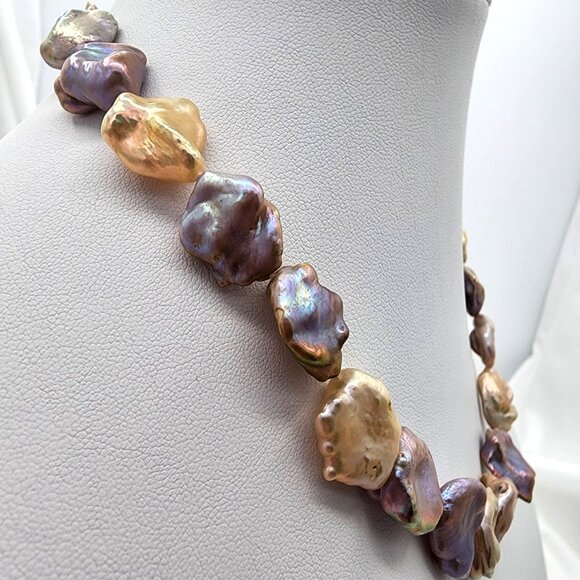 Large Keshi Baroque Pearl Necklace And Bracelet Set, Rainbow Colors 925  SS - Picture 4 of 15